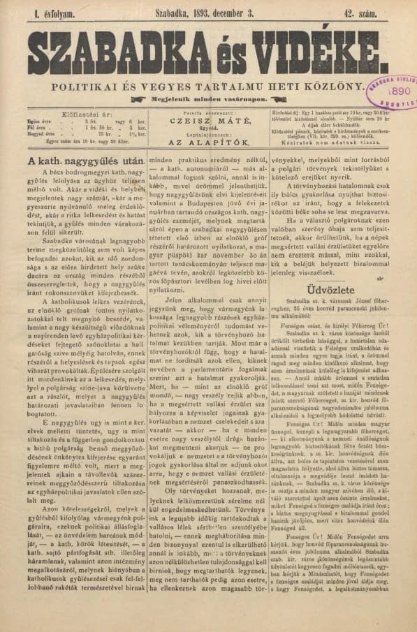 Szabadka és vidéke II, 1. évf. 1893. december 3. 42. sz.