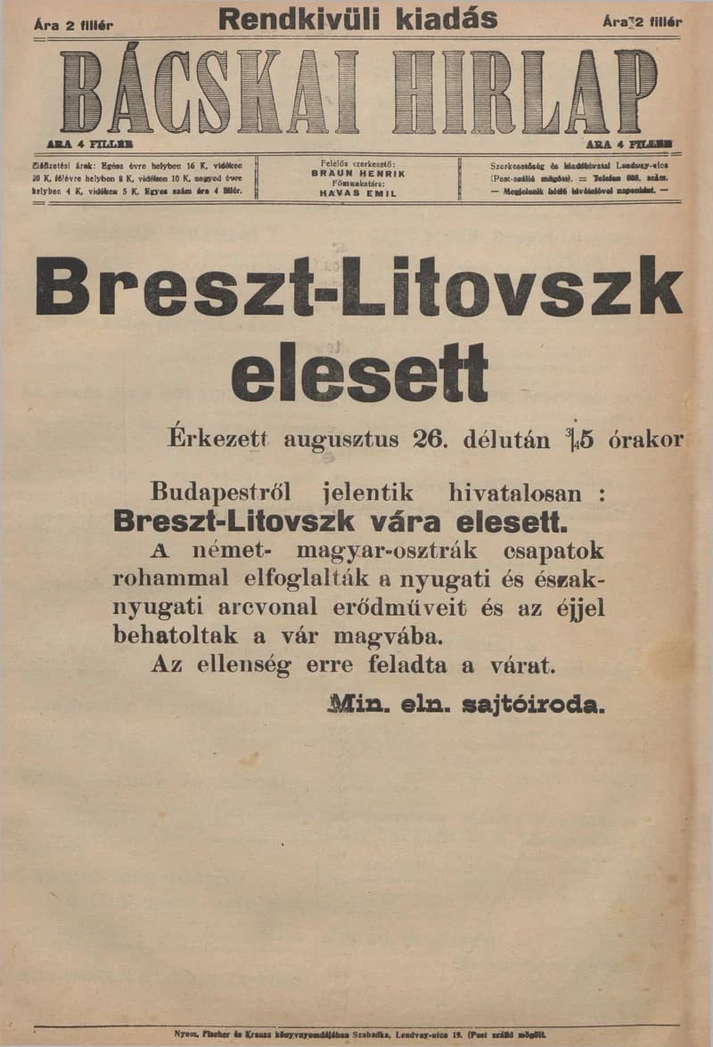 Bácskai Hirlap, 19. évf. 1915. augusztus 26. Rendkívüli kiadás