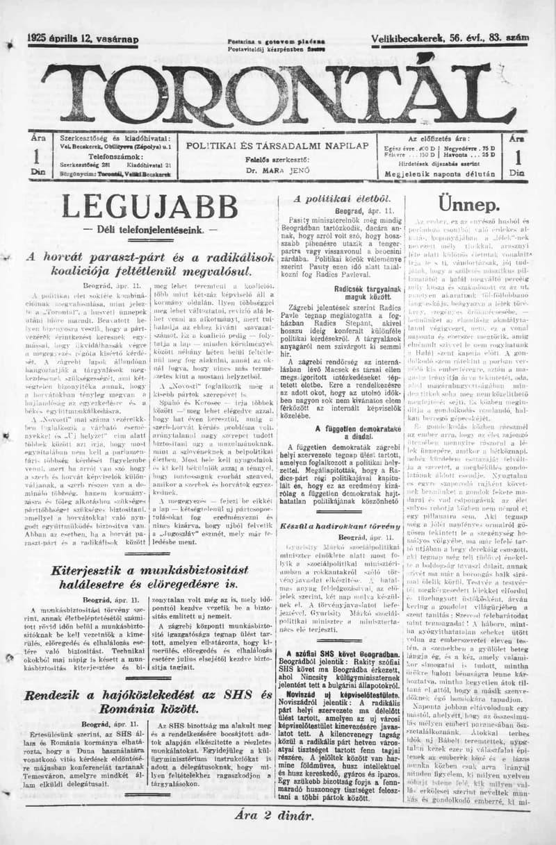 Torontál, 54. évf. 1925. április 12. 83. sz.
