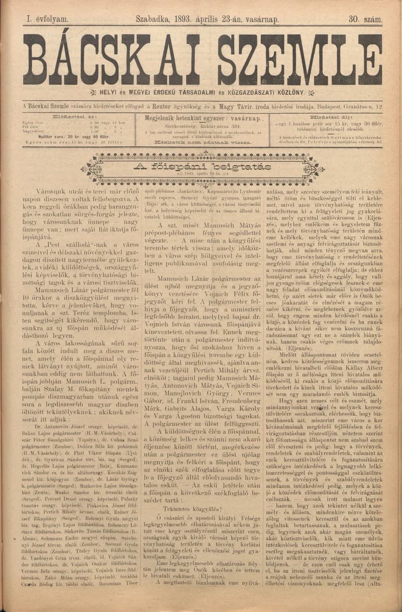 Bácskai Szemle, 1. évf. 1893. április 23. 30. sz.