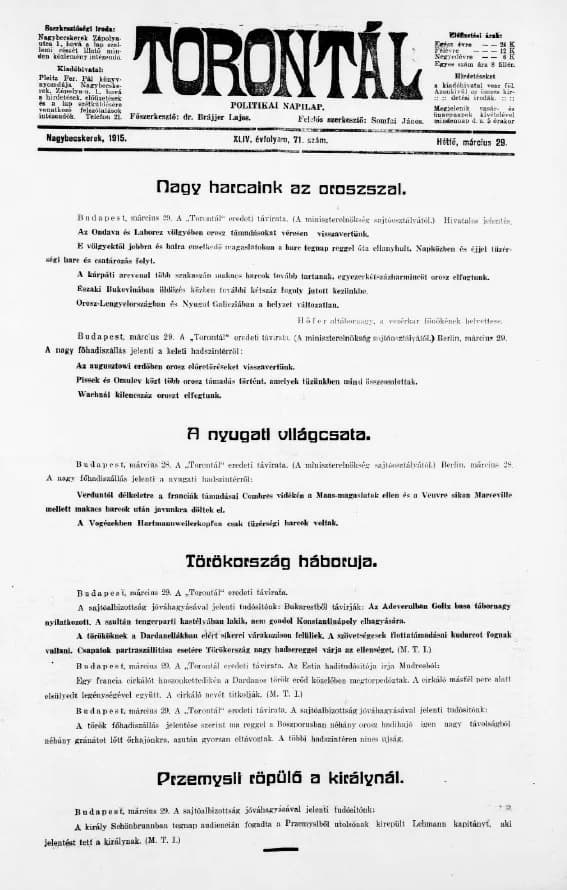 Torontál, 44. évf. 1915. március 29. 71. sz.