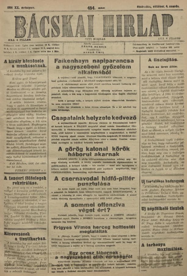 Bácskai Hirlap, 20. évf. 1916. október 4. 454. sz.