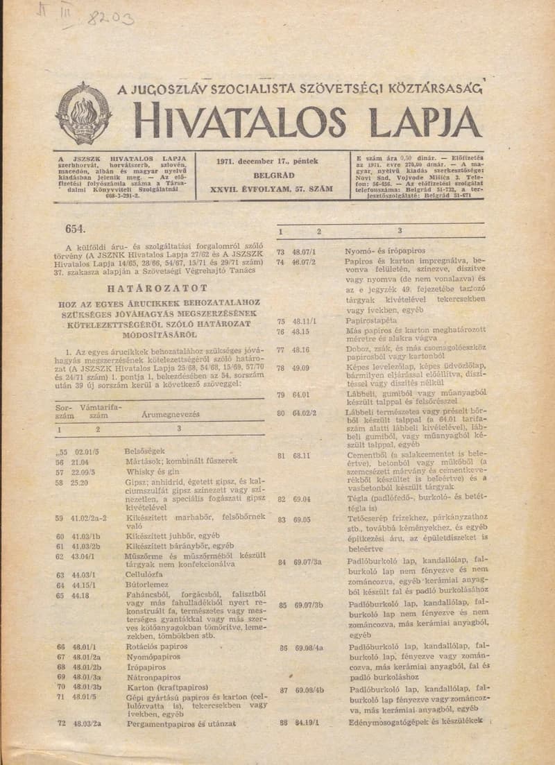 A Jugoszláv Szocialista Szövetségi Köztársaság Hivatalos Lapja, 27. évf. 1971. december 17. 57. sz. 1089–1092. oldal