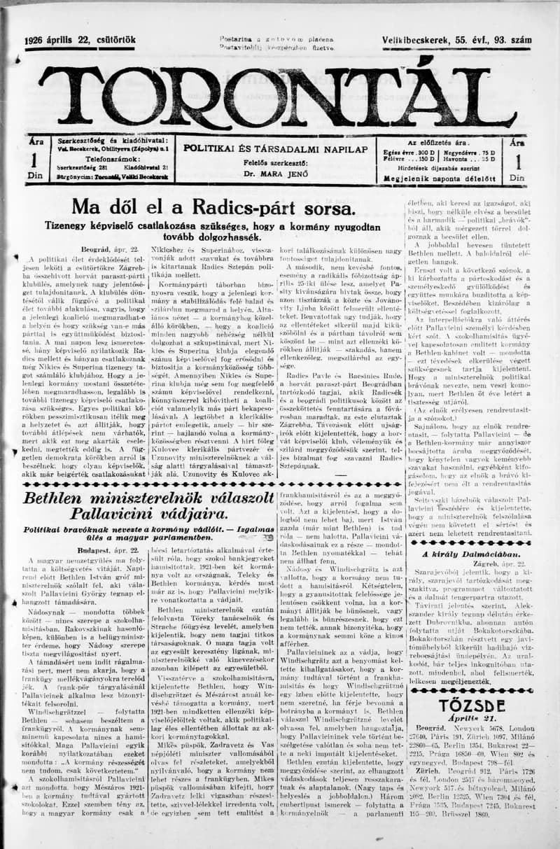 Torontál, 55. évf. 1926. április 22. 93. sz.
