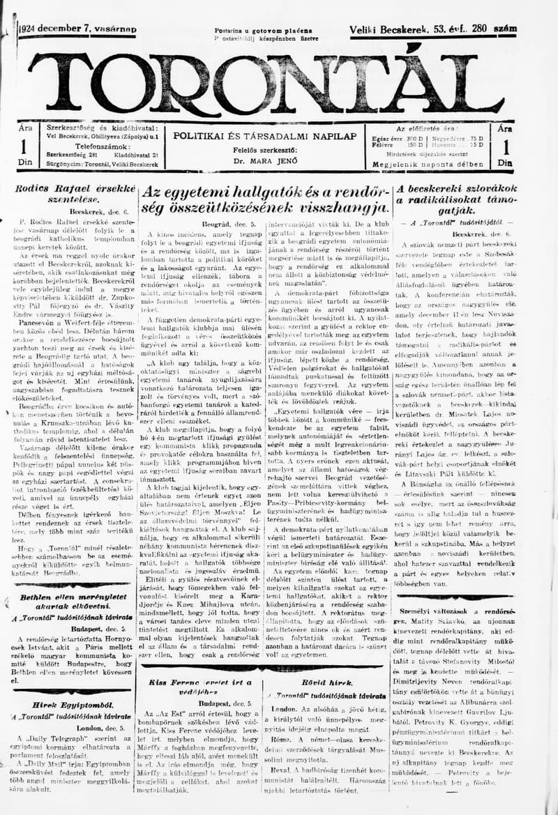 Torontál, 53. évf. 1924. december 7. 280. sz.