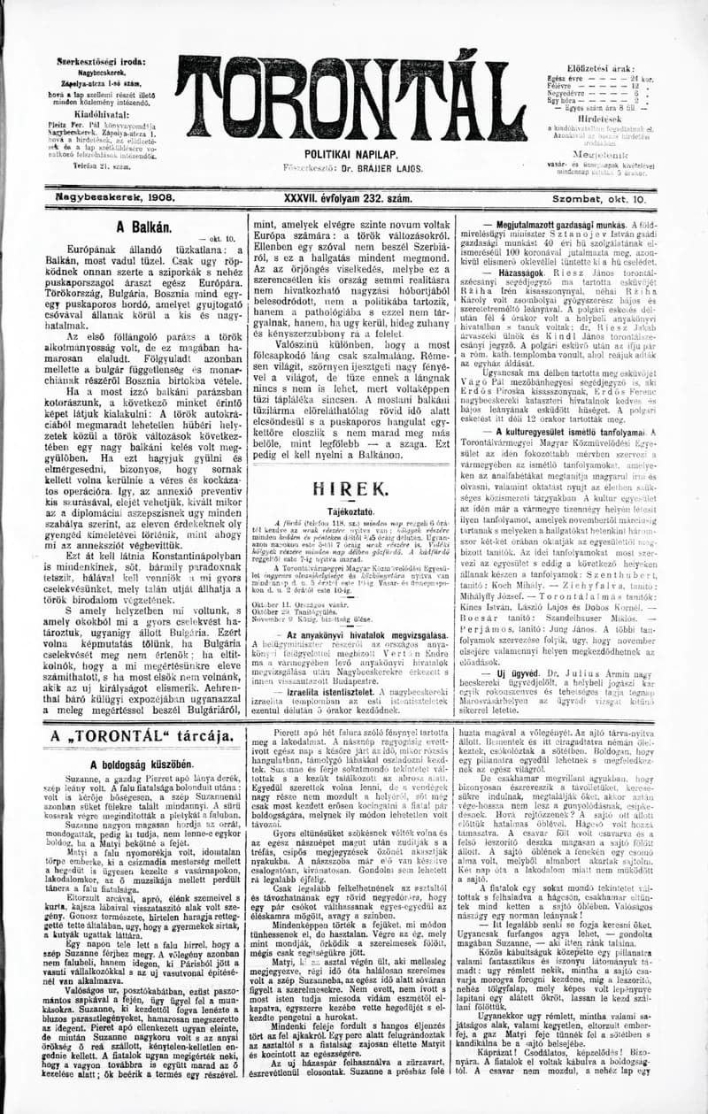 Torontál, 37. évf. 1908. október 10. 232. sz.
