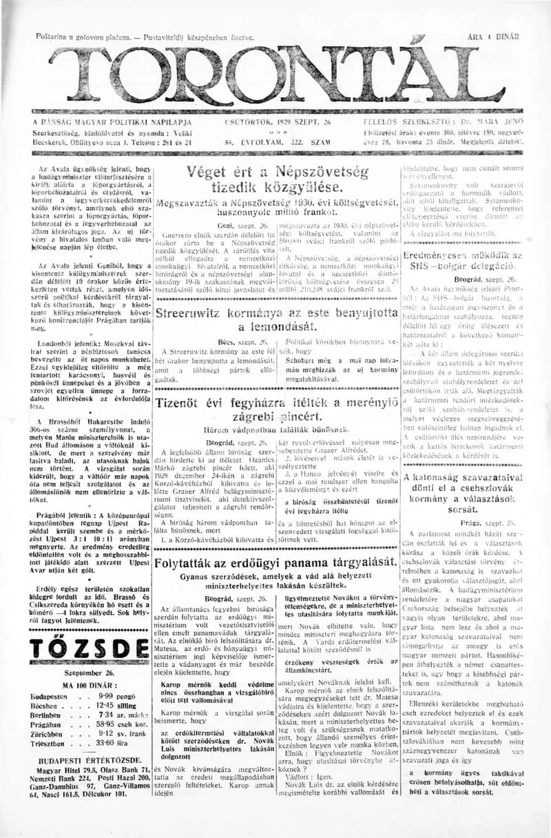 Torontál, 58. évf. 1929. szeptember 26. 222. sz.