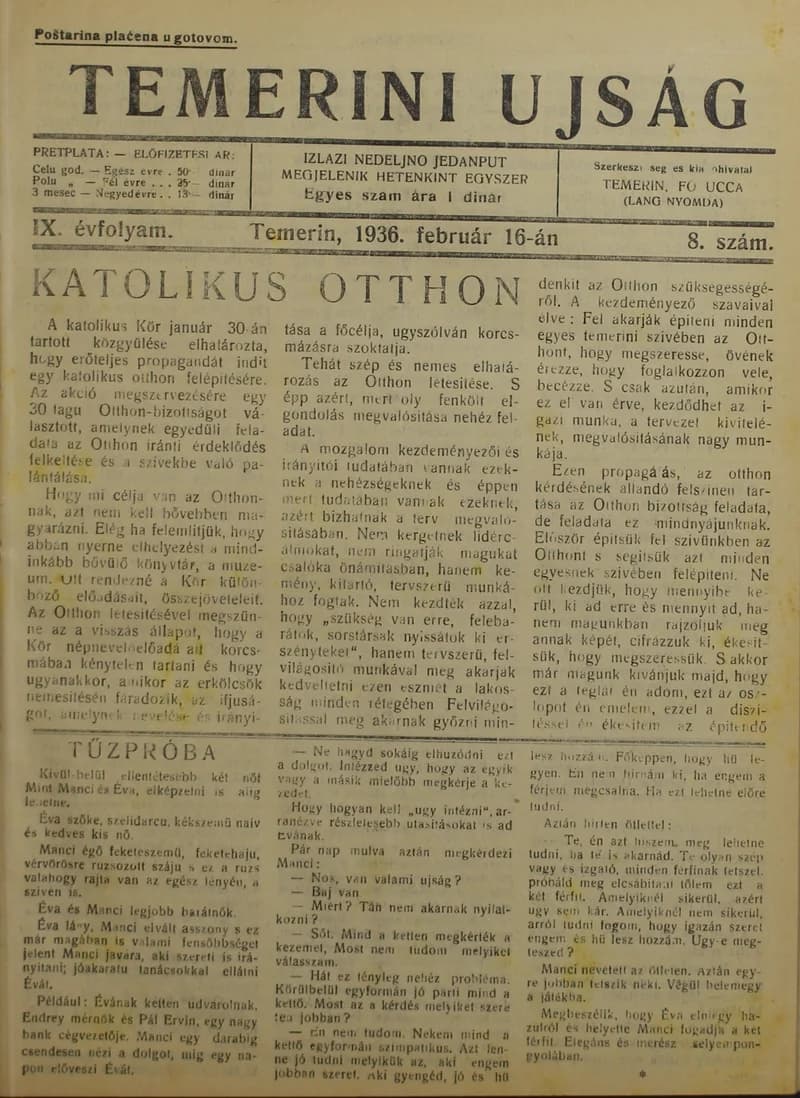 Temerini Újság 1928-1944, 9. évf. 1936. február 16. 8. sz.