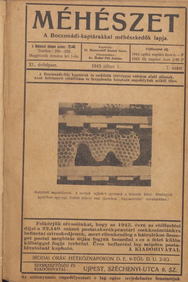 Méhészet, 40. évf. 1943. július 1. 7. sz.