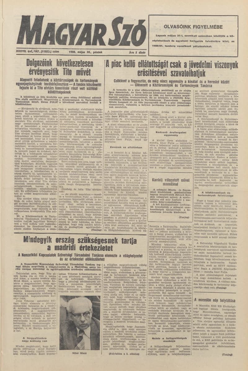 Magyar Szó, 37. évf. 1980. május 30. 147. sz. 1–20. oldal