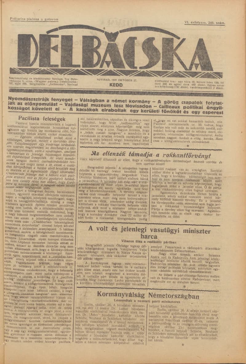 Délbácska, 6. évf. 1925. október 27. 249. sz.