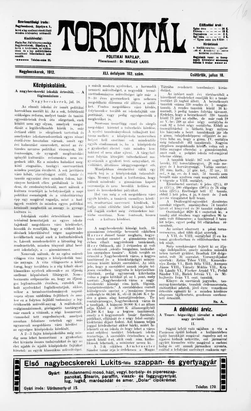 Torontál, 41. évf. 1912. július 18. 162. sz.