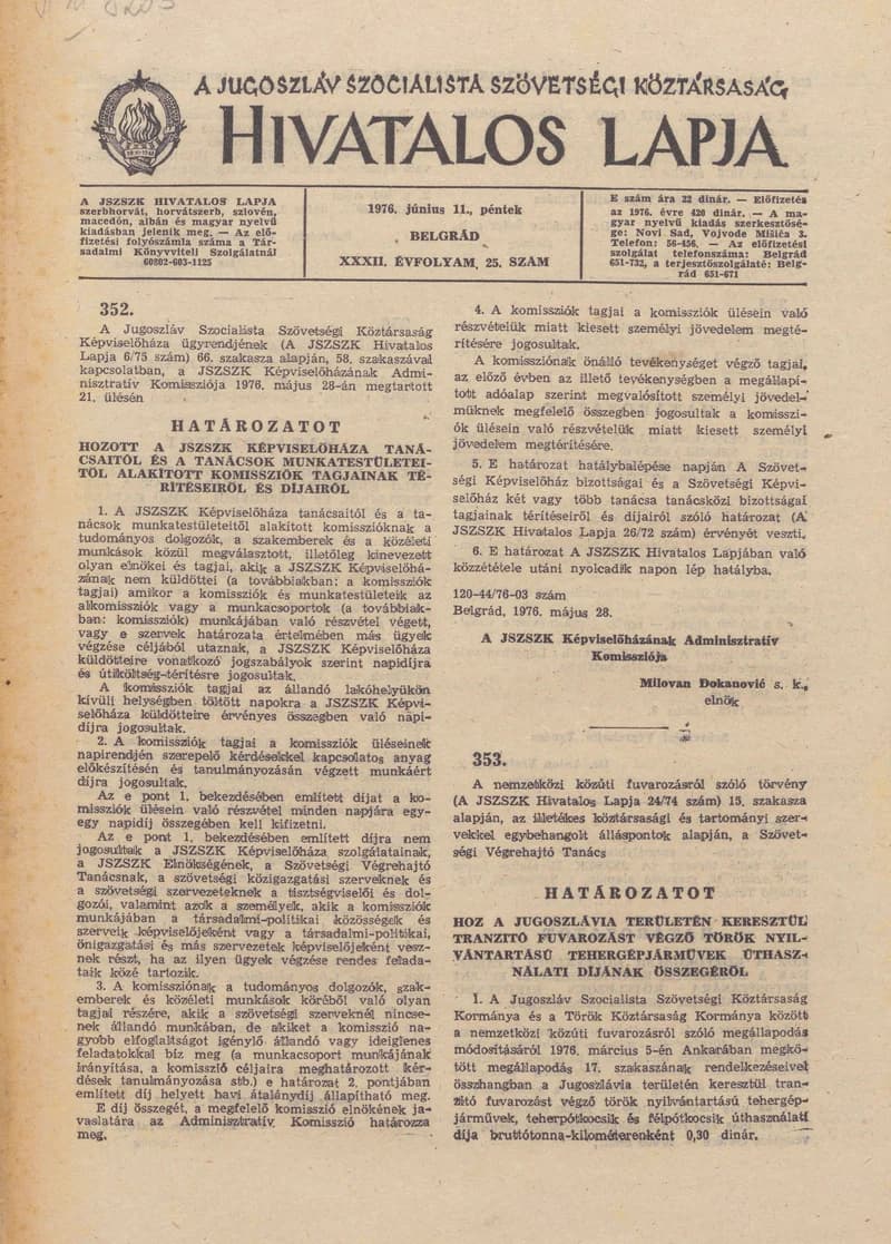 A Jugoszláv Szocialista Szövetségi Köztársaság Hivatalos Lapja, 32. évf. 1976. június 11. 25. sz. 605–628. oldal