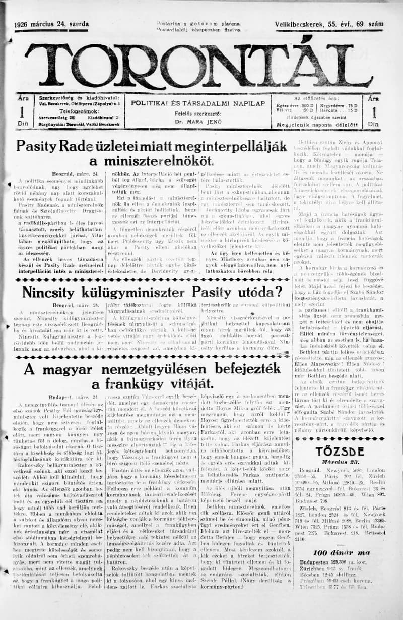 Torontál, 55. évf. 1926. március 24. 69. sz.