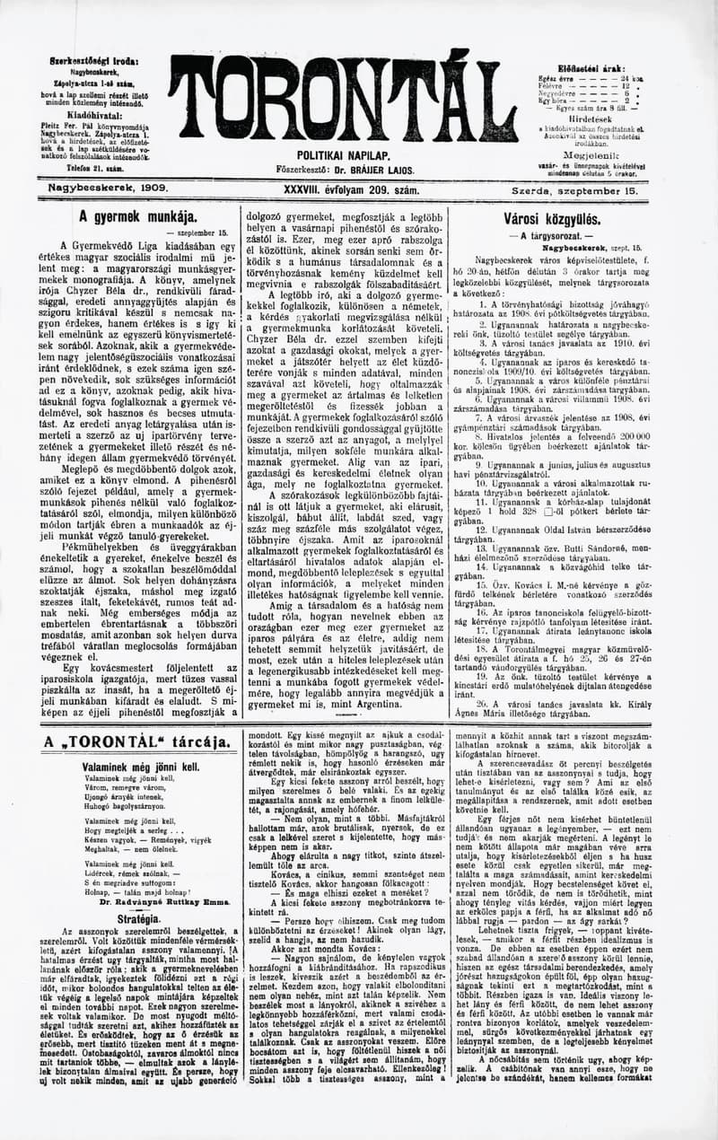 Torontál, 38. évf. 1909. szeptember 15. 209. sz.