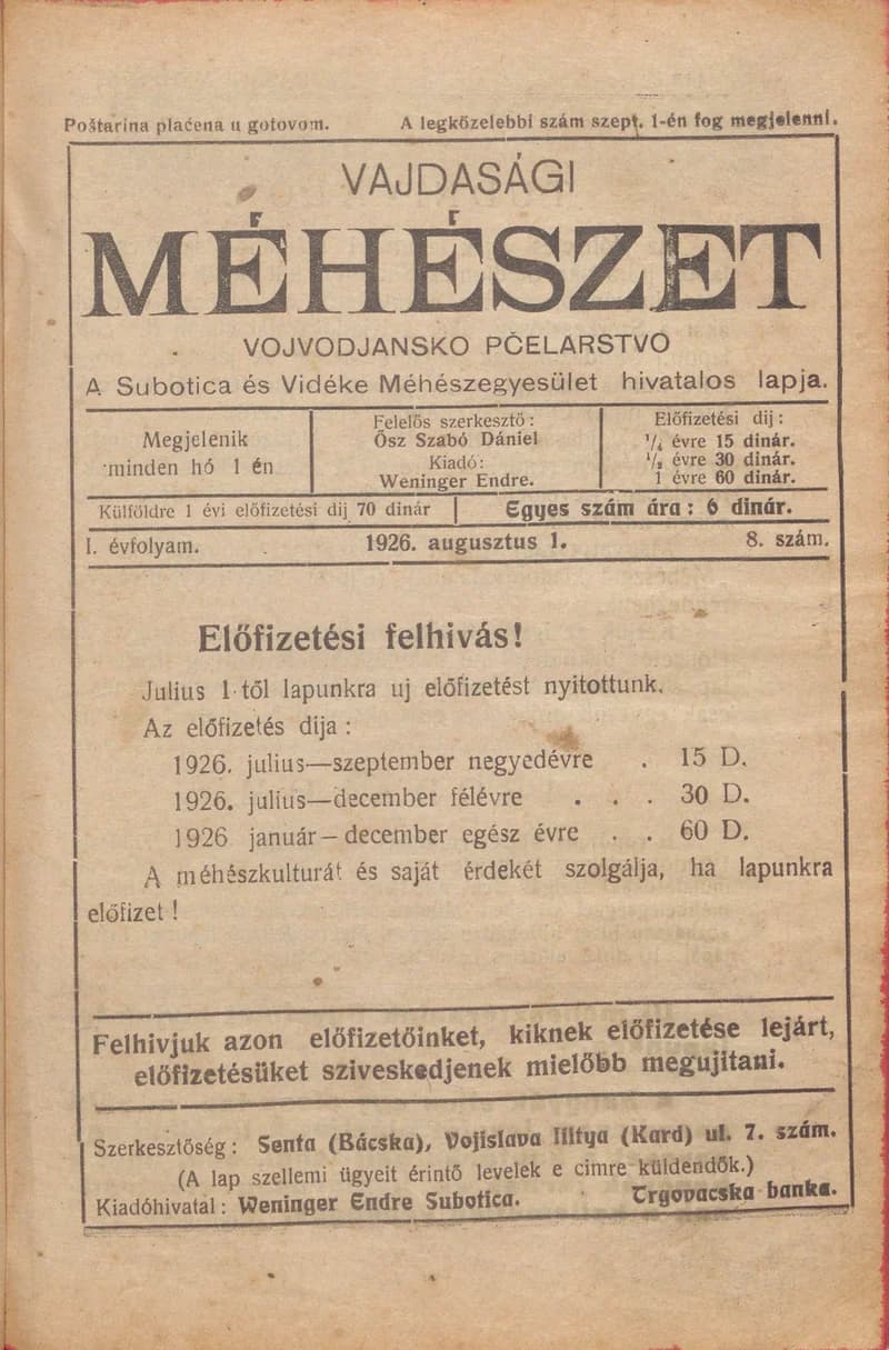 Vajdasági méhészet, 1. évf. 1926. augusztus 1. 8. sz.