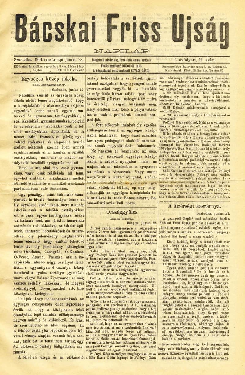 Bácskai Friss Ujság, 1. évf. 1901. június 23. 19. sz.