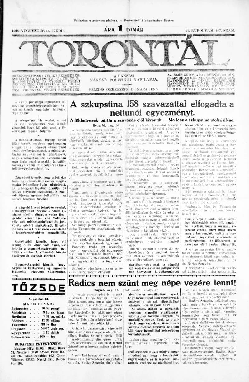 Torontál, 57. évf. 1928. augusztus 14. 187. sz.