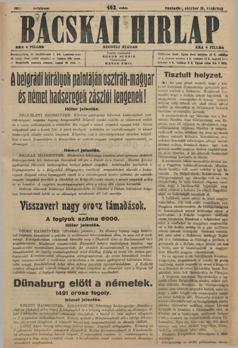 Bácskai Hirlap, 19. évf. 1915. október 10. 462. sz.