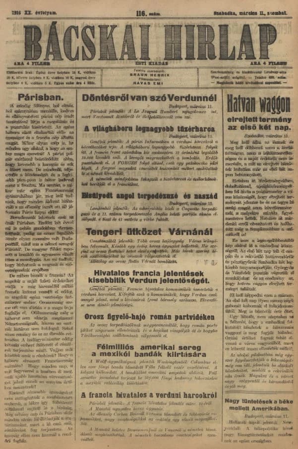 Bácskai Hirlap, 20. évf. 1916. március 11. 116. sz.