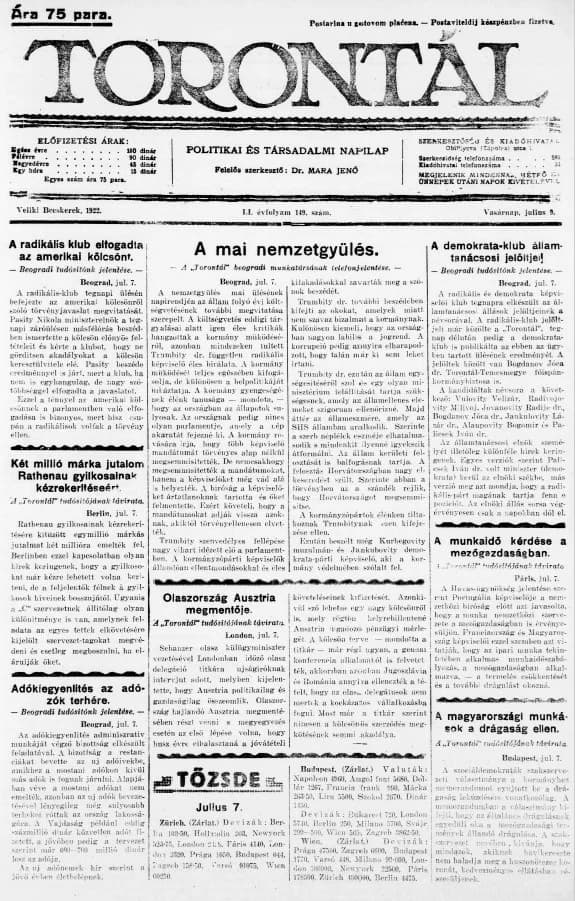 Torontál, 51. évf. 1922. július 9. 149. sz.