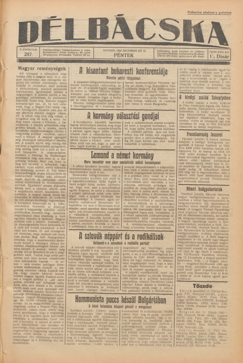 Délbácska, 5. évf. 1924. december 12. 287. sz.