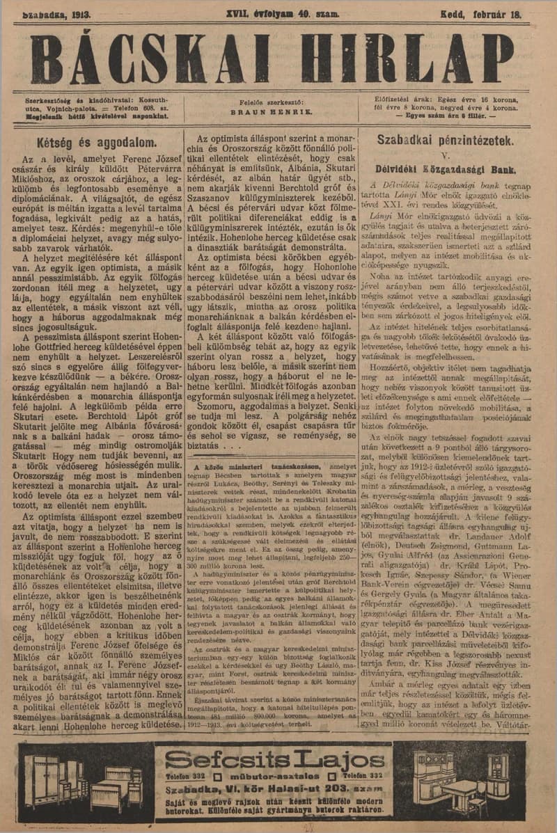Bácskai Hirlap, 17. évf. 1913. február 18. 40. sz.