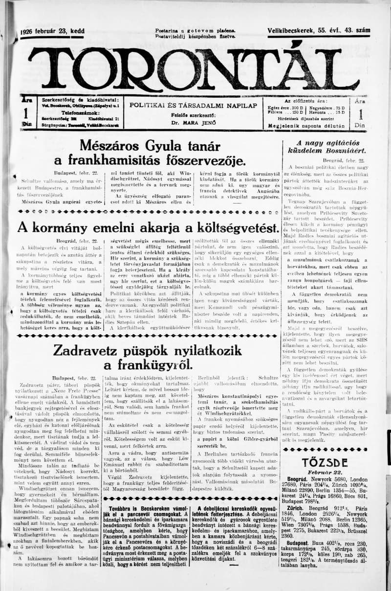Torontál, 55. évf. 1926. február 23. 43. sz.