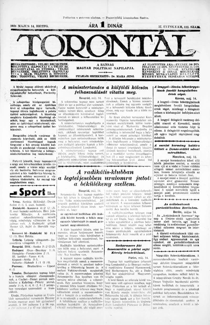 Torontál, 57. évf. 1928. május 14. 112. sz.