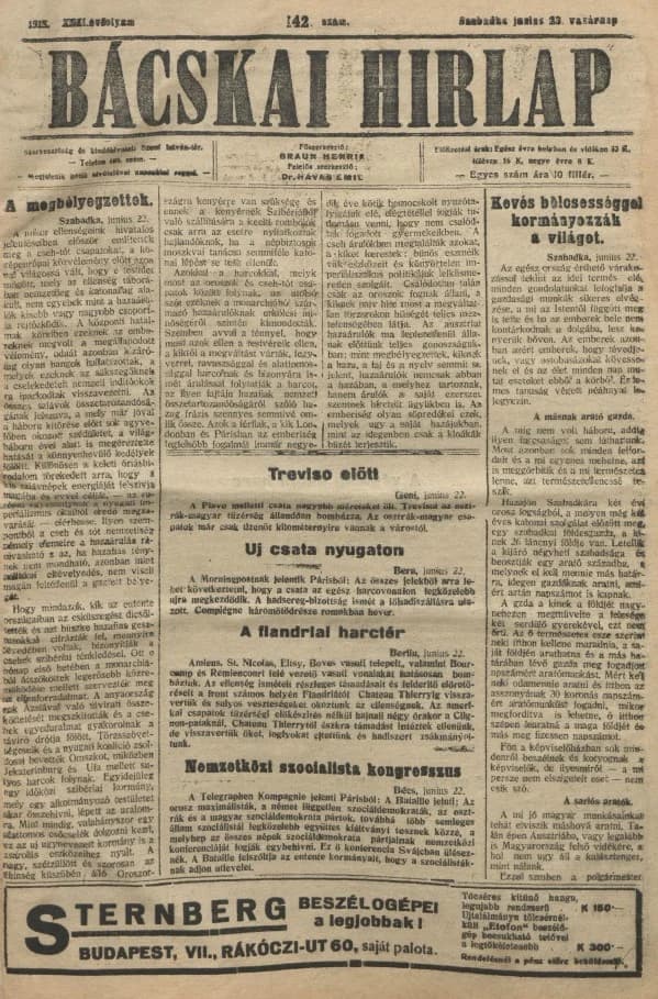 Bácskai Hirlap, 22. évf. 1918. június 23. 142. sz.