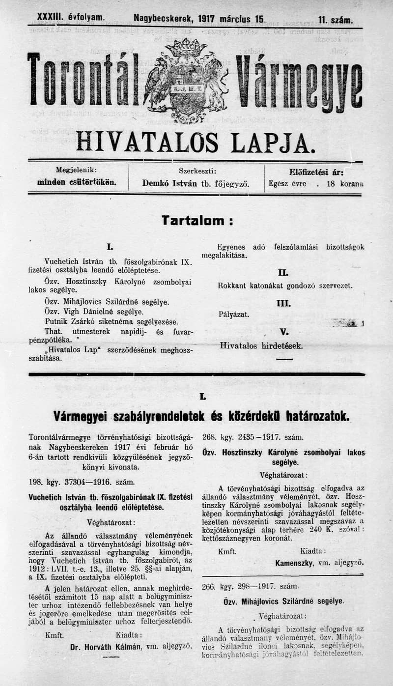 Torontál Vármegye Hivatalos Lapja, 33. évf. 1917. március 15. 11. sz.