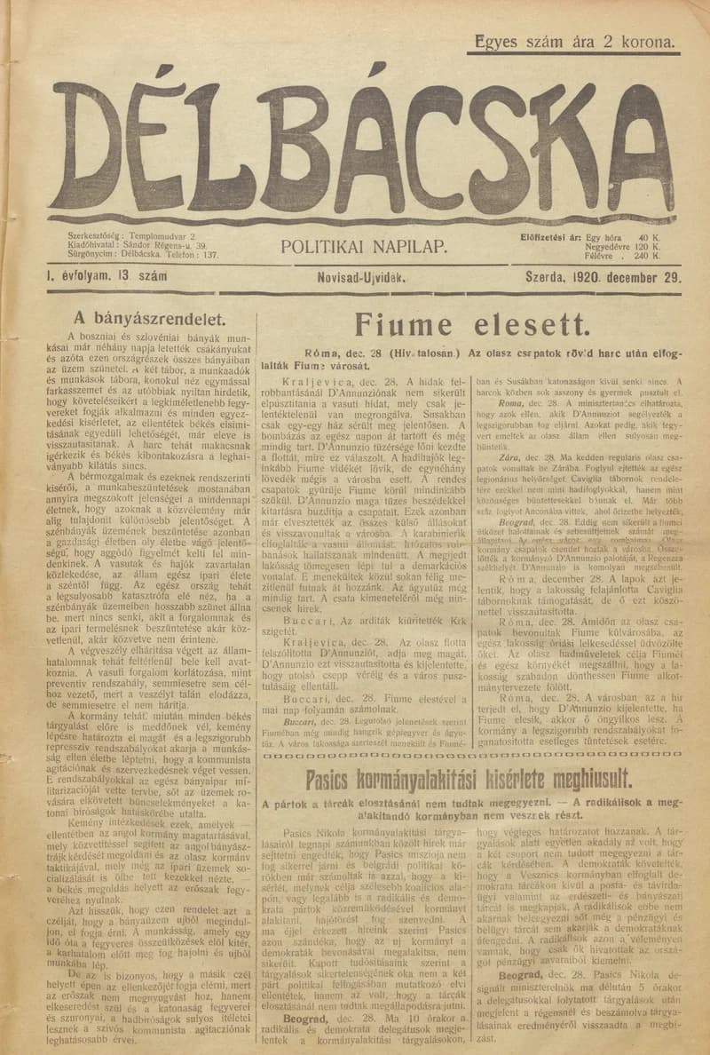 Délbácska, 1. évf. 1920. december 29. 13. sz.