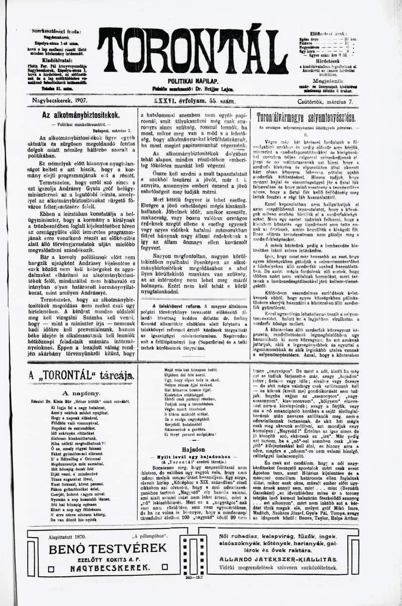 Torontál, 36. évf. 1907. március 7. 55. sz.