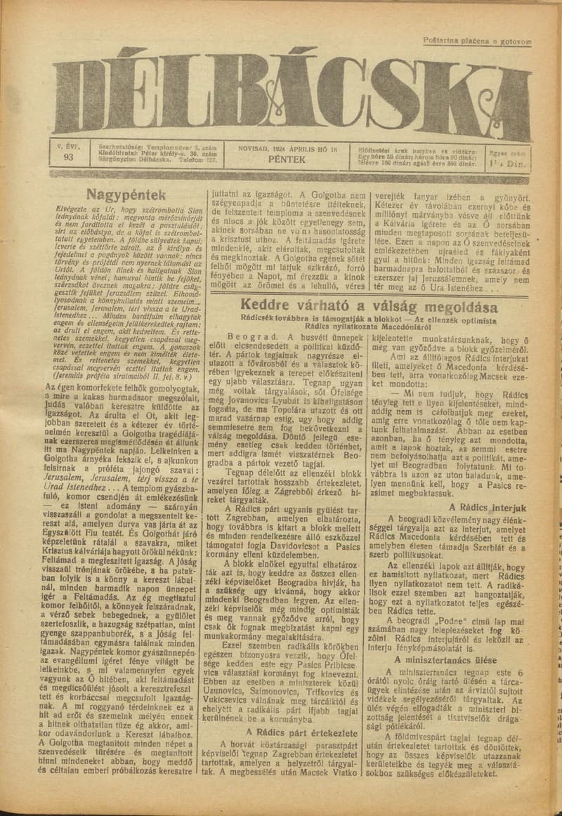 Délbácska, 5. évf. 1924. április 18. 93. sz.