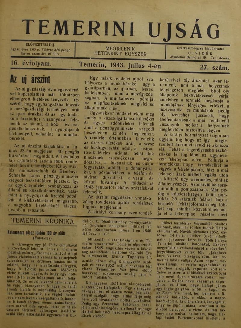 Temerini Újság 1928-1944, 16. évf. 1943. július 4. 27. sz.