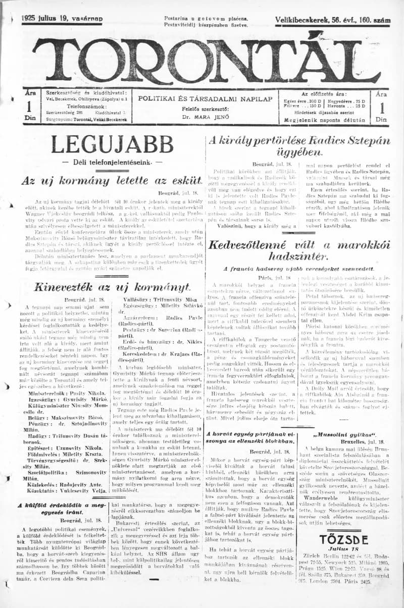 Torontál, 54. évf. 1925. július 19. 160. sz.