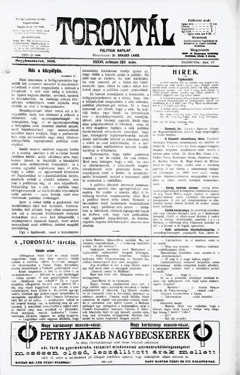 Torontál, 37. évf. 1908. december 17. 289. sz.