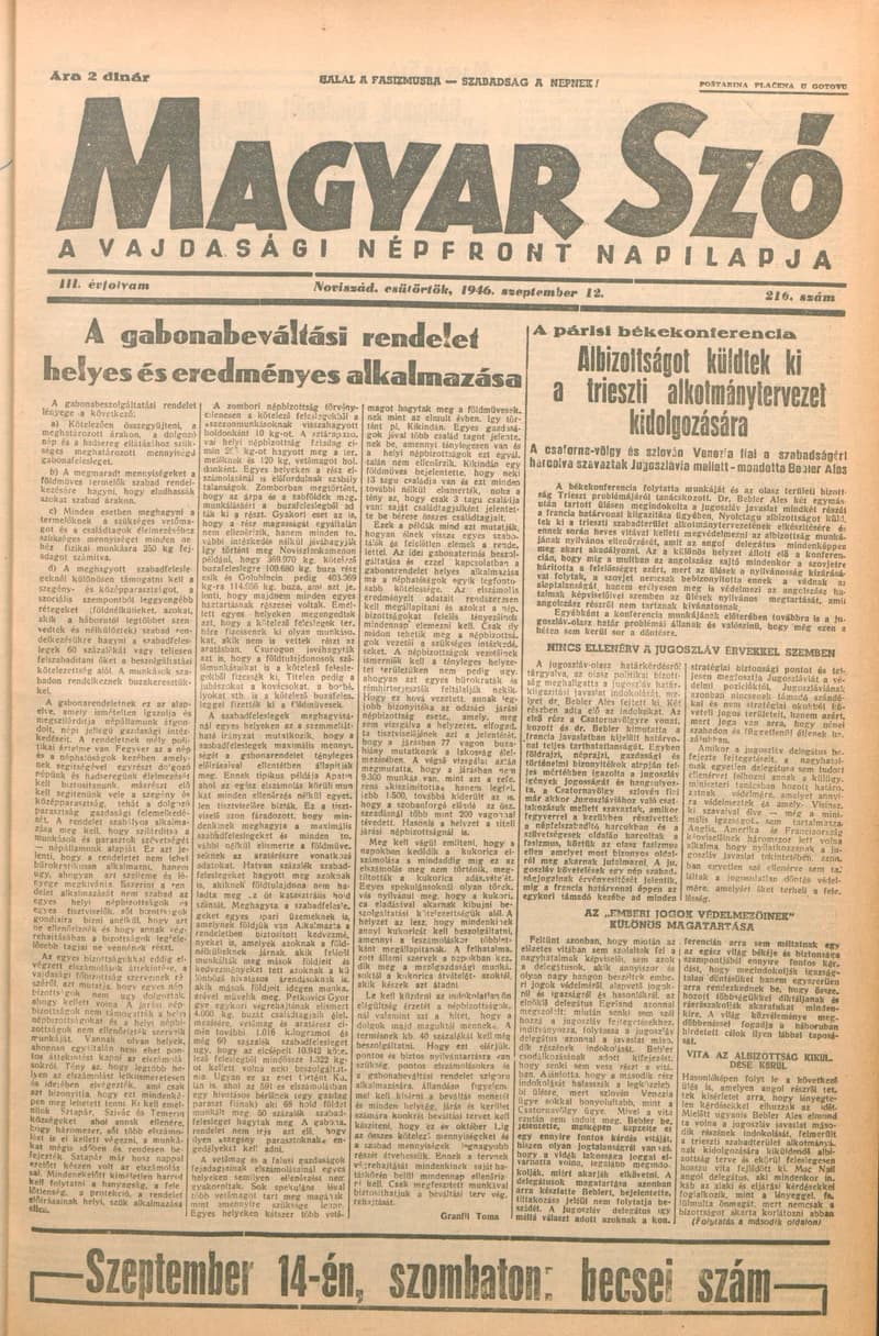 Magyar Szó, 3. évf. 1946. szeptember 12. 216. sz. 1–6. oldal