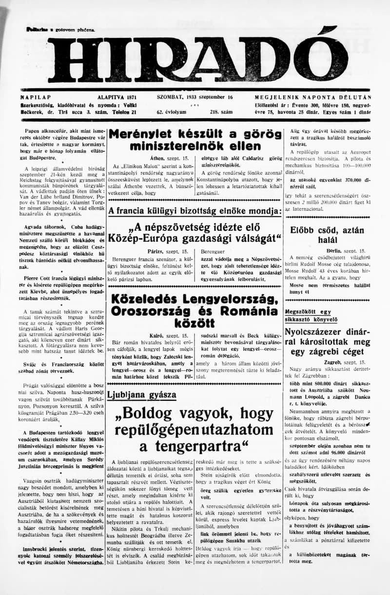 Híradó, 62. évf. 1933. szeptember 16. 218. sz.