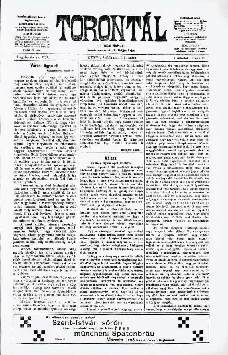 Torontál, 36. évf. 1907. május 16. 111. sz.