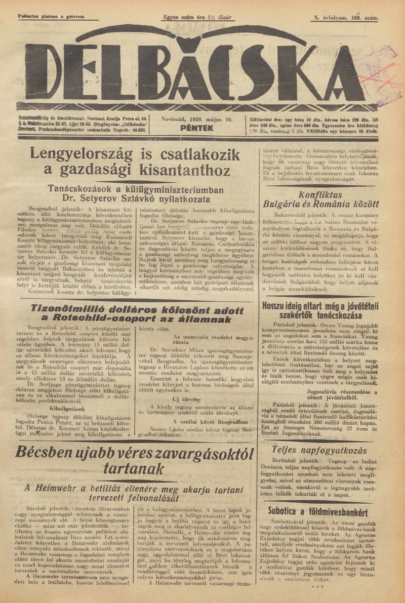 Délbácska, 10. évf. 1929. május 10. 109. sz.