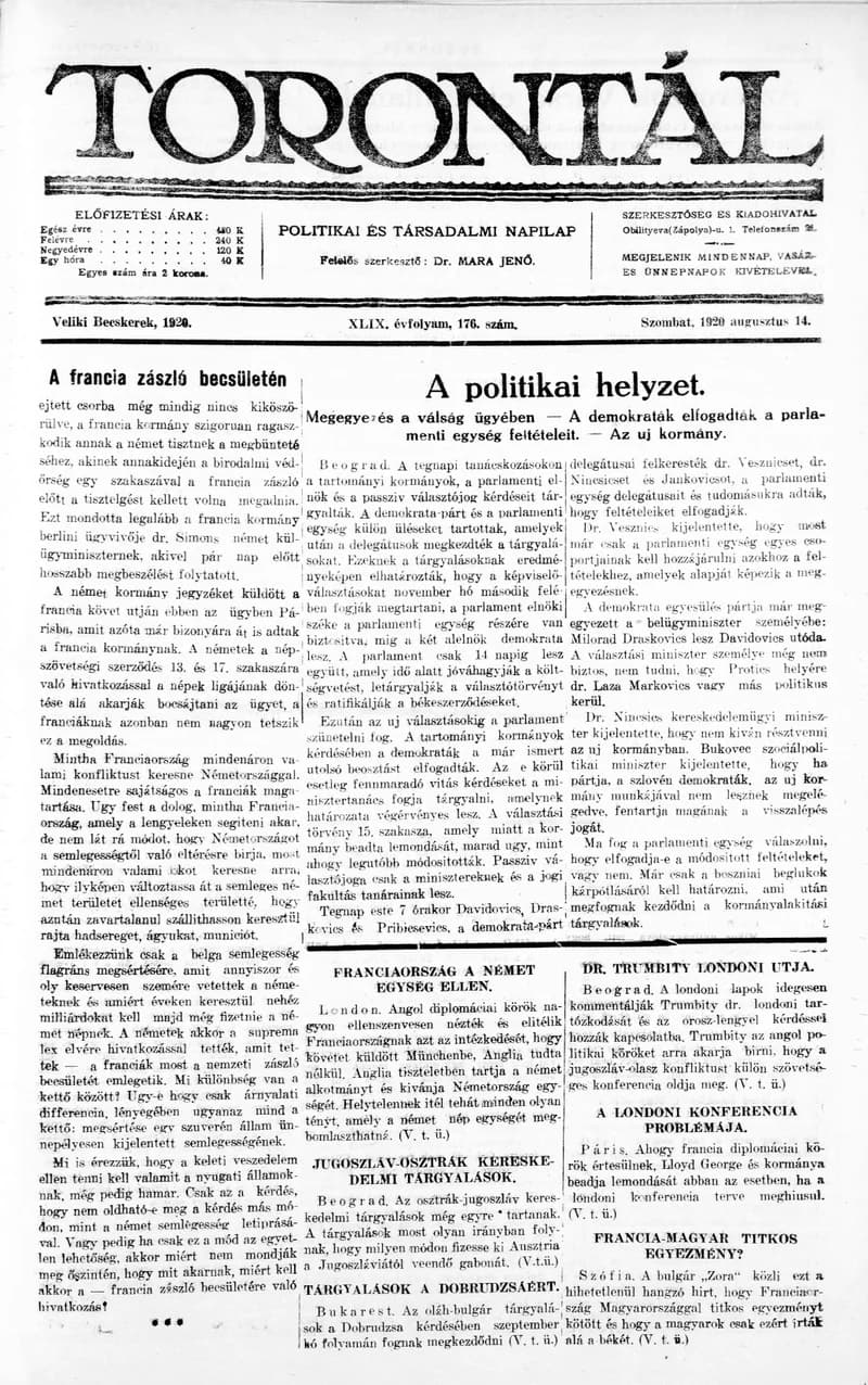 Torontál, 49. évf. 1920. augusztus 14. 176. sz.