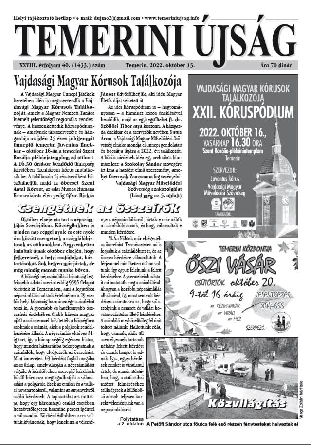 Temerini Újság, 28. évf. 2022. október 13. 40. sz.