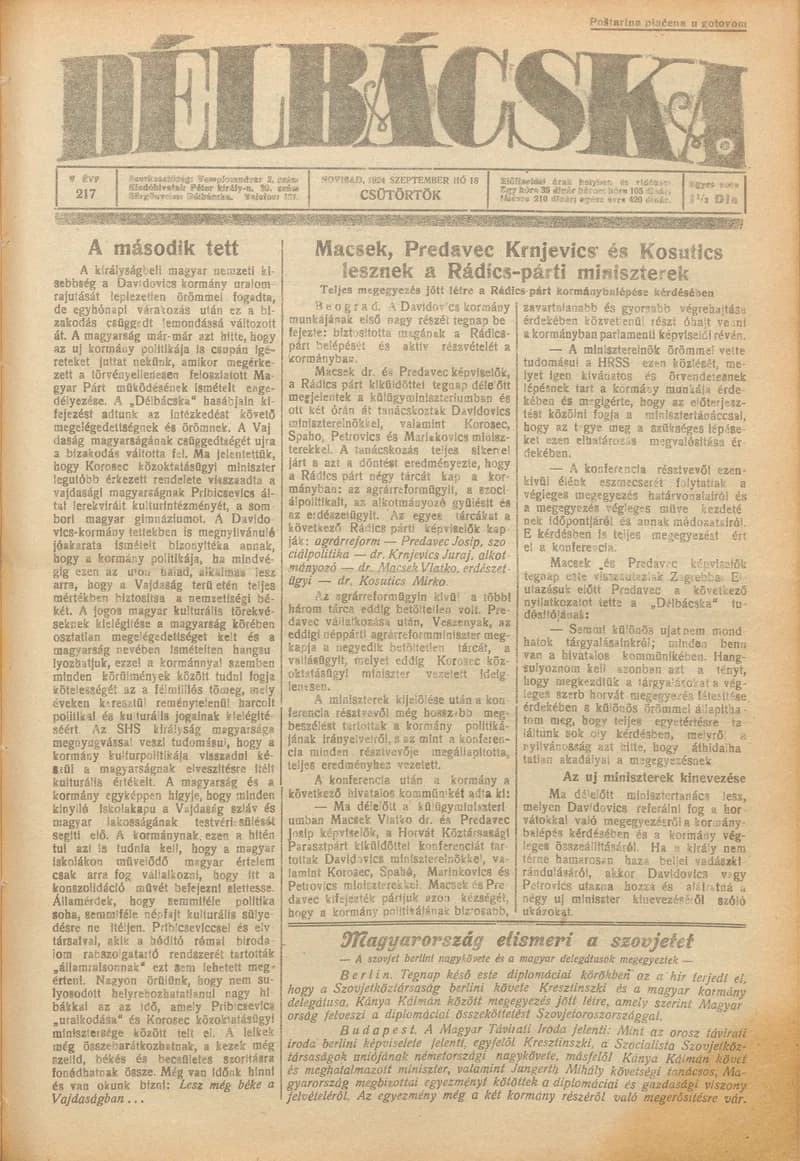 Délbácska, 5. évf. 1924. szeptember 18. 217. sz.