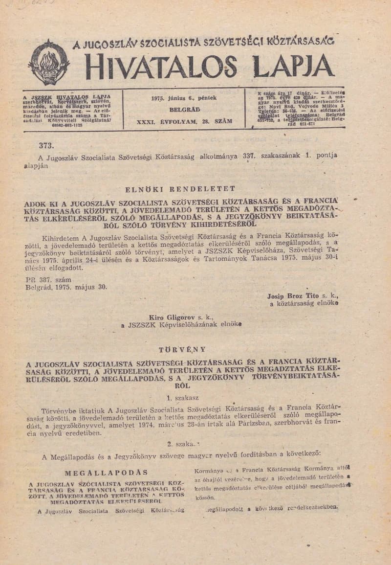 A Jugoszláv Szocialista Szövetségi Köztársaság Hivatalos Lapja, 31. évf. 1975. június 6. 28. sz. 849–900. oldal