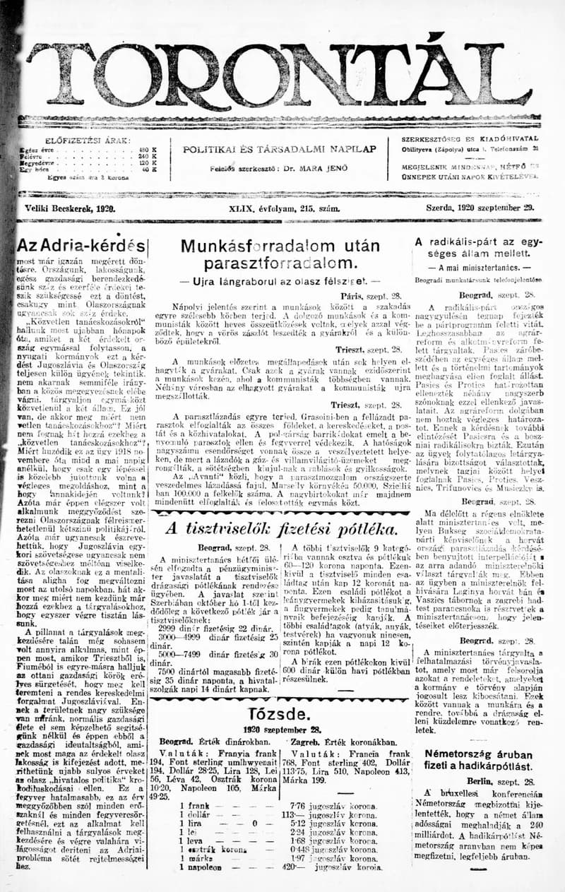 Torontál, 49. évf. 1920. szeptember 29. 215. sz.