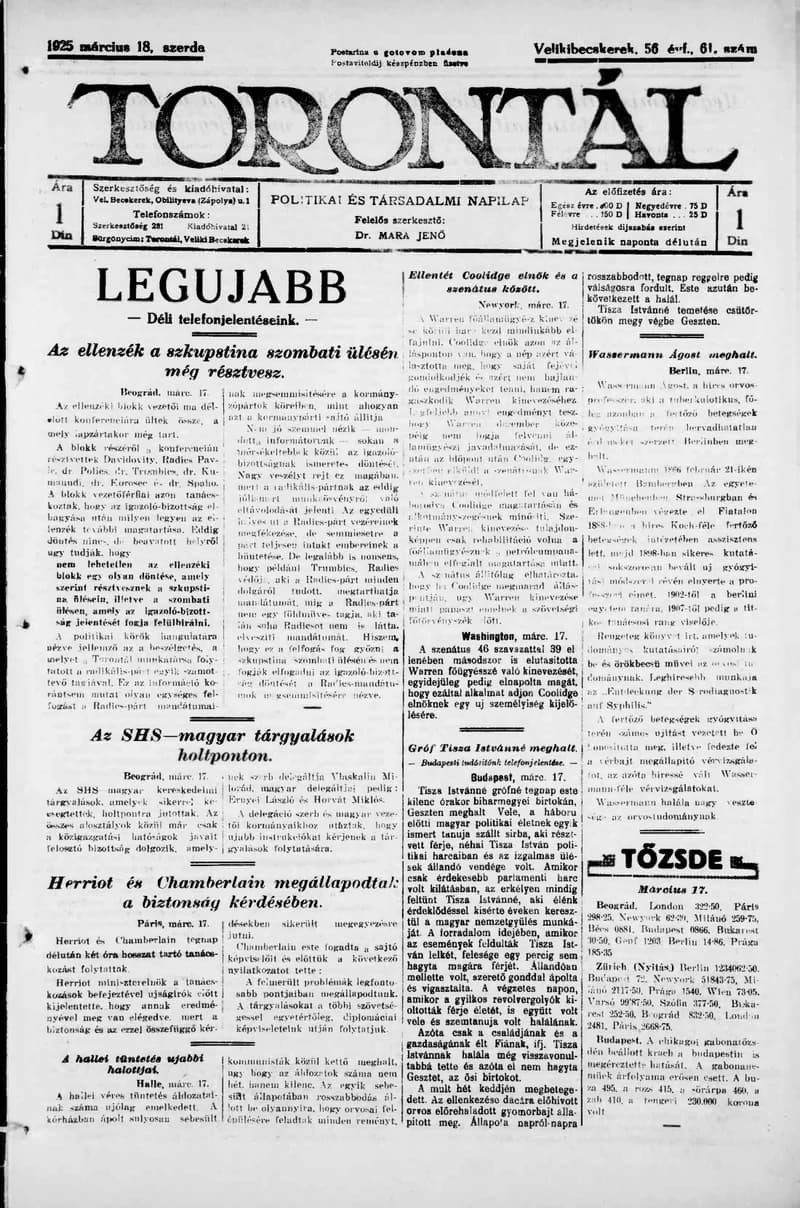 Torontál, 54. évf. 1925. március 18. 61. sz.