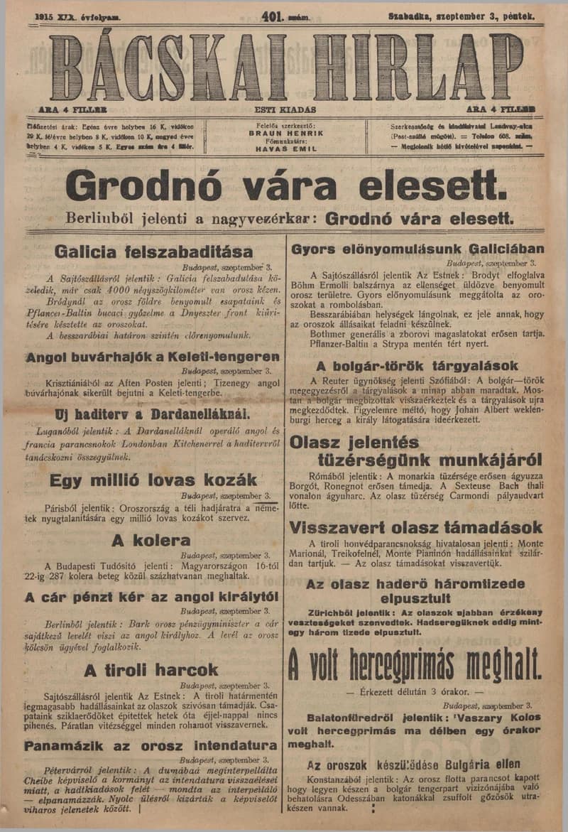 Bácskai Hirlap, 19. évf. 1915. szeptember 3. 401. sz.