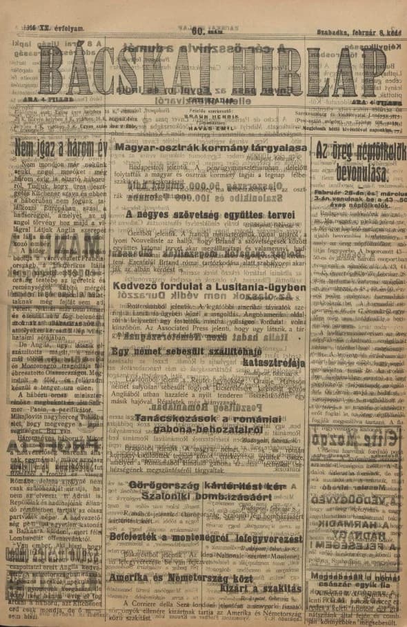 Bácskai Hirlap, 20. évf. 1916. február 8. 60. sz.