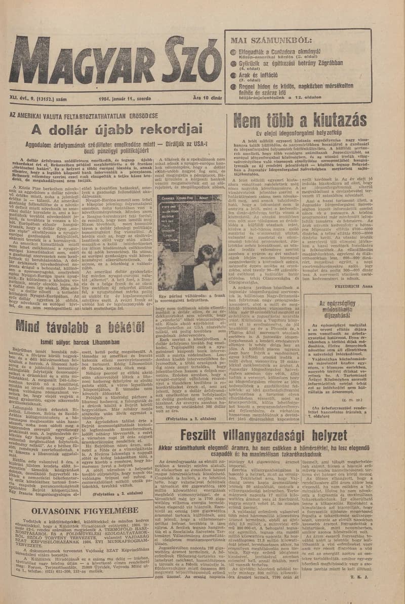 Magyar Szó, 41. évf. 1984. január 11. 9. sz. 1–20. oldal